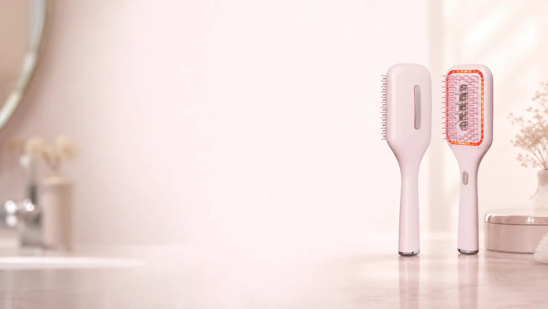 Atmospheric exact-product background for a 16:9 newsletter section. Place the exact pink Kerine brus